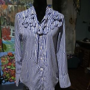 Banana Republic Blue and White with Ruffles Striped Button Down Shirt